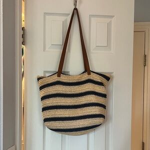 Striped Tote Bag with Brown Straps